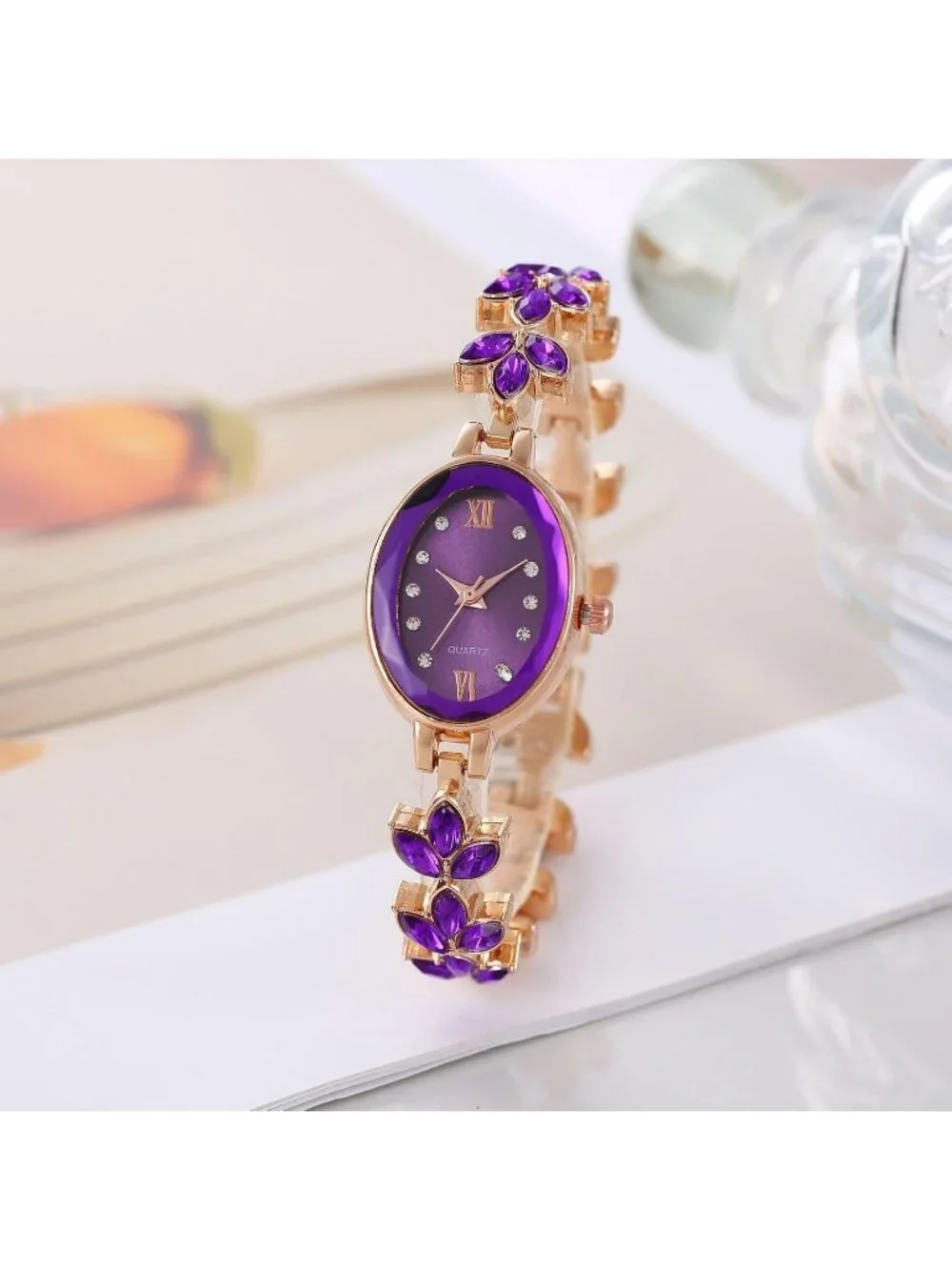 Women's Rose Gold Purple Quartz Petal Casual Bracelet Simulated Luxury Watch